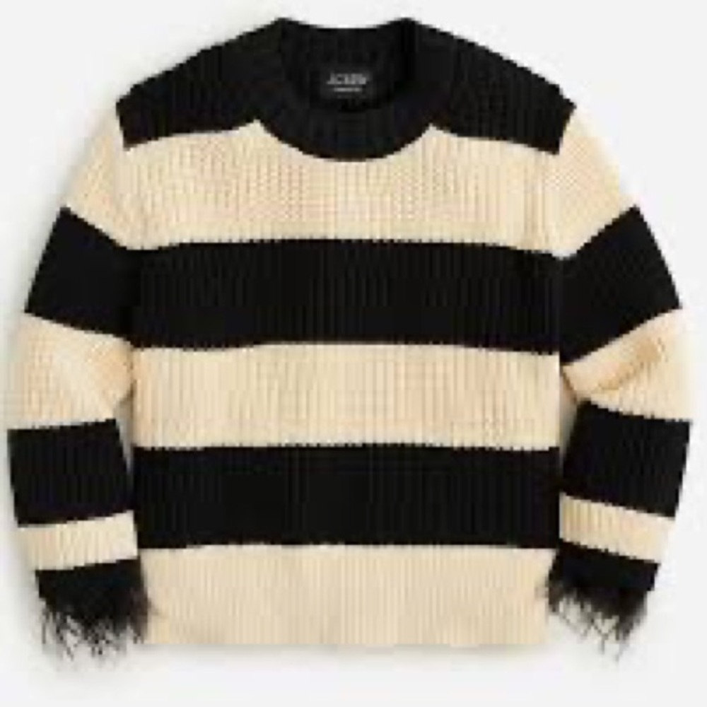 J. Crew Feather Trim Black and Cream Wide-Stripe Crewneck Sweater